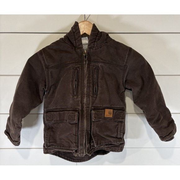 Carhartt Other - Carhartt Jacket Youth 5 Brown Canvas Hooded Full Zip Fleece Lined Workwear VTG